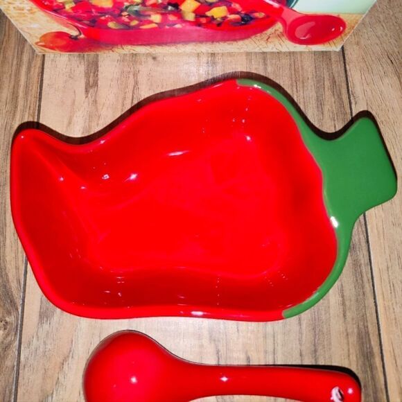 Clay Art Chile Peppers Salsa Server 2-Piece Ceramic Red Green 9890 - Picture 5 of 6